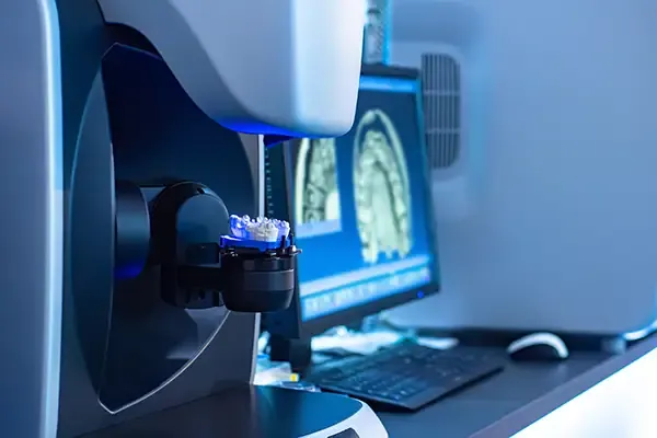 A high-tech dental scanner used for designing same-day crowns with a 3D model displayed on a monitor.