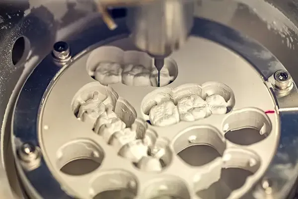 Close-up of a milling machine creating same-day crowns from ceramic blocks in a dental lab.