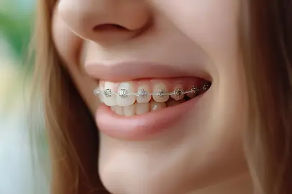 A close-up of a young woman smiling and showing clear braces on her teeth, an aesthetic orthodontic solution.