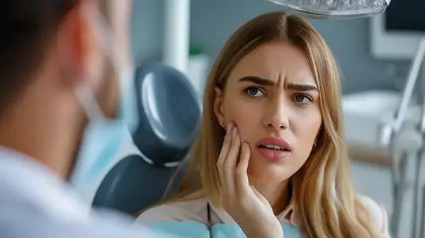 Concerned woman touching her cheek while discussing oral health symptoms with a dentist, highlighting the need for oral cancer screening.